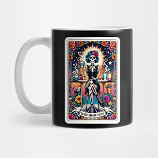 Death Before Decaf Funny Skeleton Tarot Card Mug